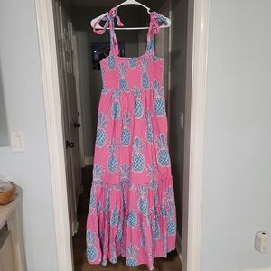 Crown & Ivy Pink Blue Pineapple Maxi Tiered Dress Ruched Nap M Metallic